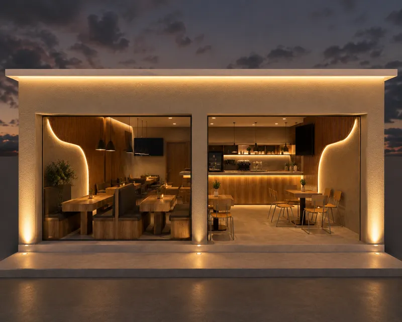 Cafetería iluminada de noche con lambrín ranurado de madera y luz LED oculta en curvas