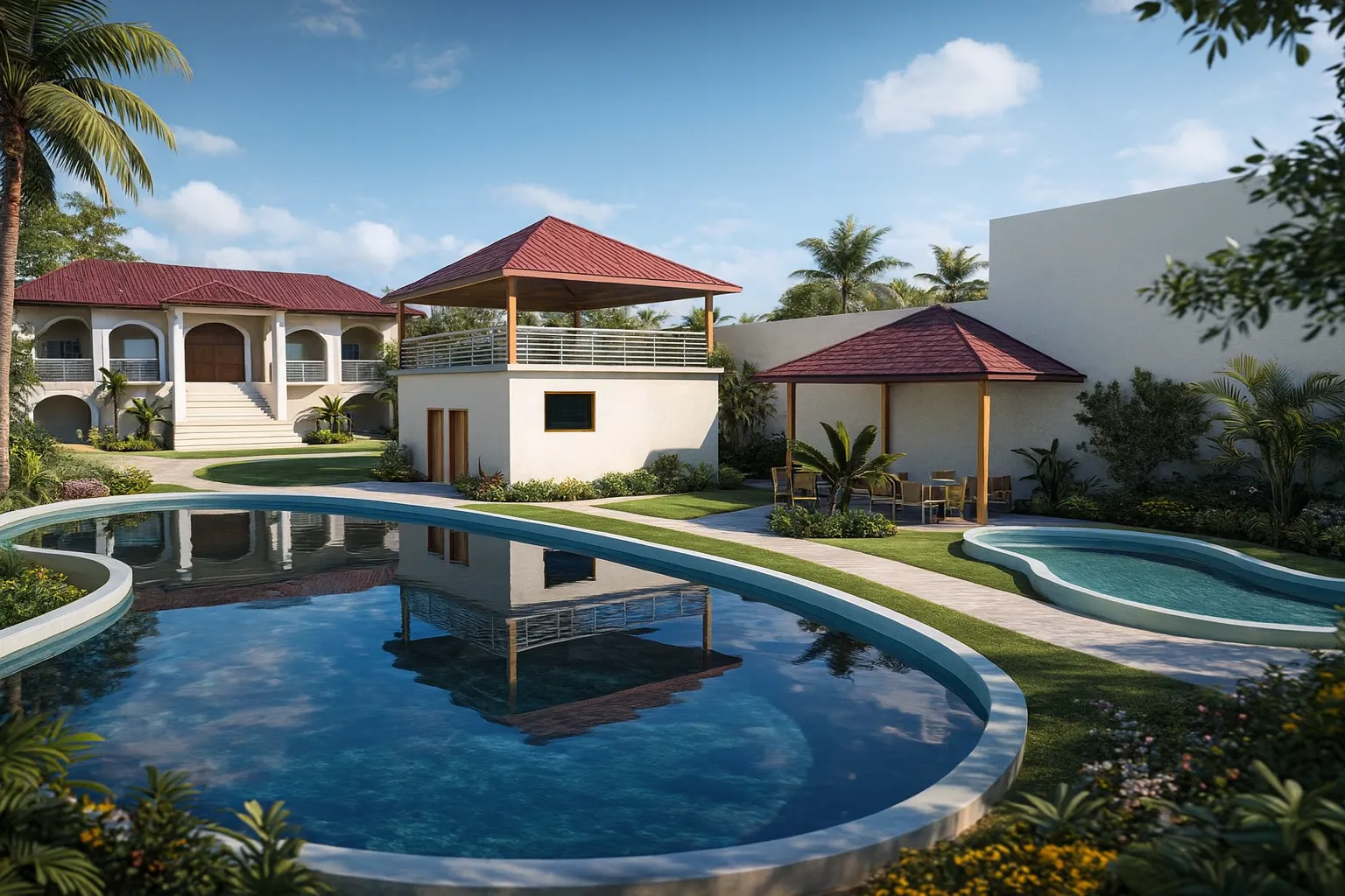 Conjunto residencial de descanso con piscina de borde curvo, rancho techado y jardín tropical