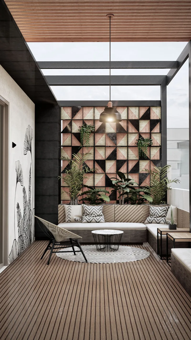 Terraza en azotea con celosía de piezas triangulares, pérgola de acero y banca de obra en L